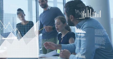 Corporate team analyzing data with advanced analytics visualization