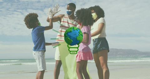 Family Beach Cleanup with Masks and Globe Icon - Download Free Stock Images Pikwizard.com
