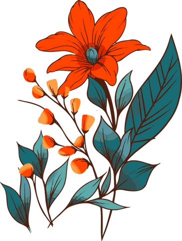 Vibrant orange flower with teal leaves illustration on transparent background