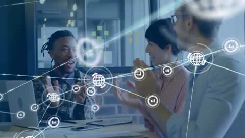 Team Celebrating Digital Innovation with Expanding Data Network Visual