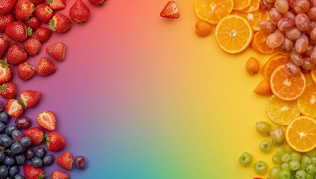 Colorful fruit border framing multicolor gradient layout with strawberries, citrus, grapes