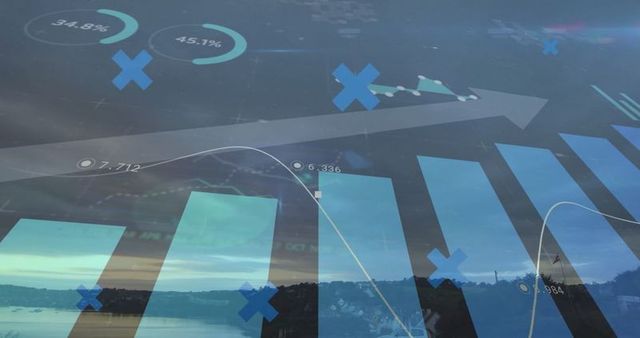 Futuristic data visualization over serene waterfront