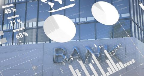 Futuristic financial analytics with modern bank architecture