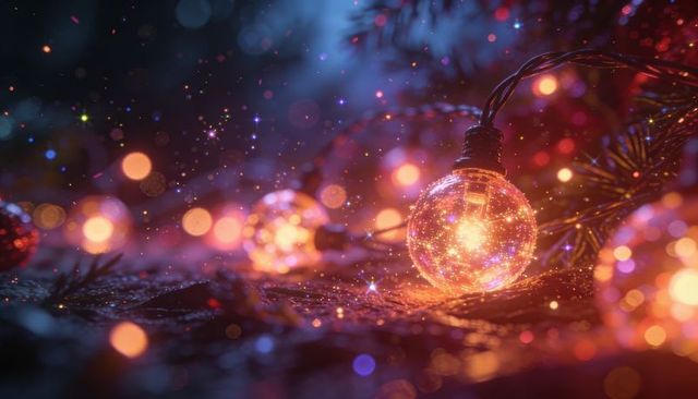 Glowing glass bulb garland emitting warm golden bokeh light over glittered pine