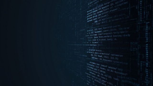 Horizontal code streaming on dark display with elegant syntax highlighting