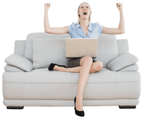 Transparent Celebrating Woman Sitting with Laptop on Couch - Download Free Stock Videos Pikwizard.com