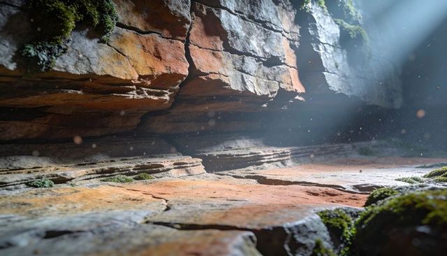 Sunbeams revealing layered sandstone strata in mossy rock shelter with golden dust motes
