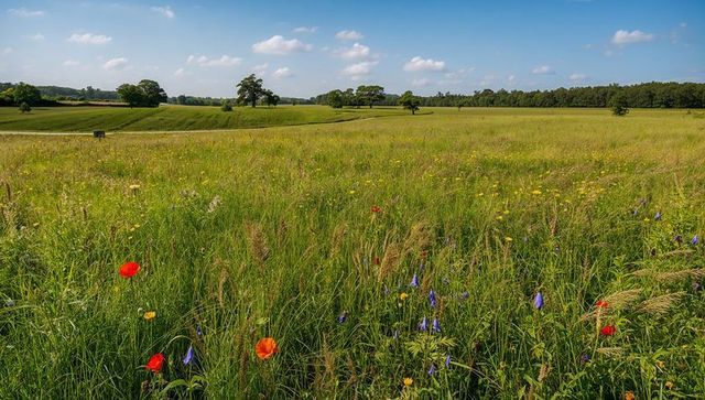 Sunlit wildflower meadow featuring red poppies, bellflowers and narrow country lane
