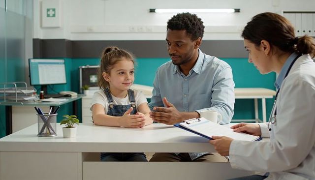 Father discussing child health with daughter during pediatric consultation with doctor