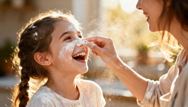 Mother tapping flour on laughing girl's nose while baking in sunlit kitchen family joy