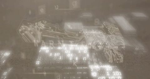 Glowing Holographic Data Panels Hovering Over Sepia Surface with Binary Code and Circuit Traces
