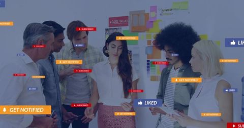 Team Collaborating on Social Media Strategy with Digital Metrics