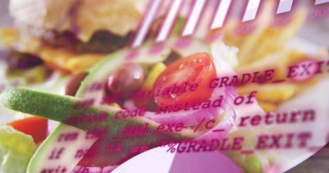 Neon double-exposure salad combining avocado, cherry tomato, red onion and code overlay