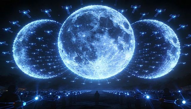 Futuristic drone light installation with three luminous moon spheres hovering over crowd