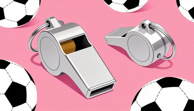 Silver referee whistles on pink background with soccer balls, minimal metallic sports concept