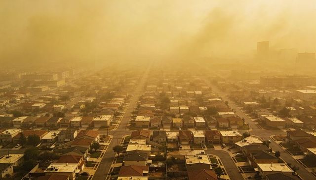 Aerial suburban grid under orange haze from wildfire smoke, rows of homes shrouded in smog