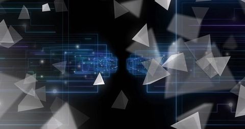 Glowing Blue Data Stream with Triangular Fragments and Neon Circuit Lines Tech Background