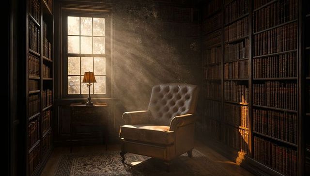 Basking Tufted Leather Armchair in Sunlit Library with Antique Books and Dust Motes