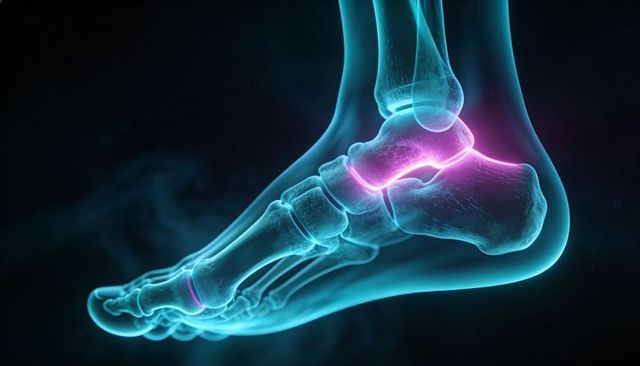 X-ray style 3d render showing foot skeleton highlighting ankle and big toe joints