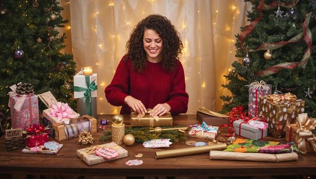 Smiling woman wrapping christmas gifts at cozy wooden table with lights and ribbon