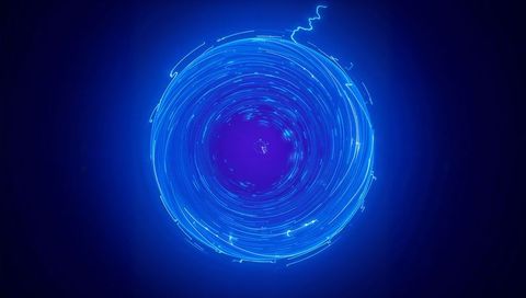 Neon vortex spinning blue rings with purple core and electric energy halo