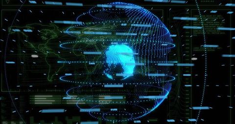 Holographic rotating digital globe with point-cloud rings and HUD data visualization