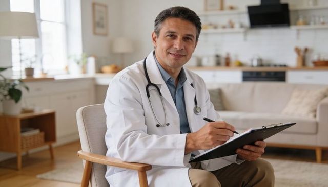 Smiling male doctor conducting home consultation while writing notes on clipboard