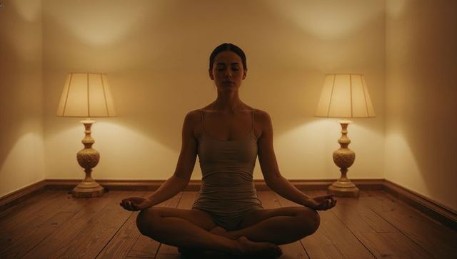 Woman meditating cross-legged on wooden floor in warm minimal corner lighting
