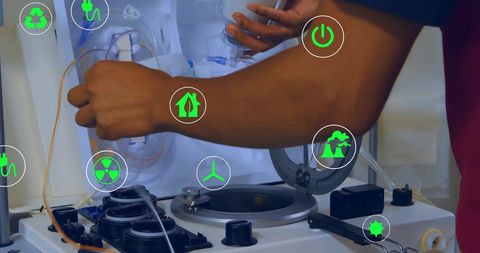 Engineer Working with Water Filter and Eco Data Icons Overlay
