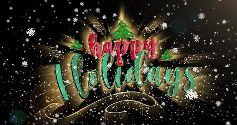 Glossy glowing happy holidays lettering radiating golden rays, tree, holly and snowflakes