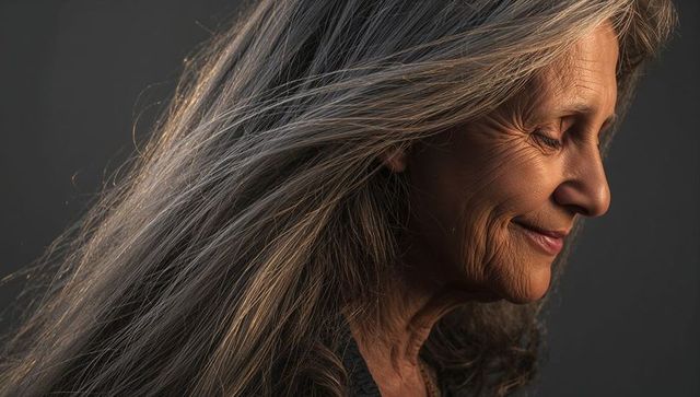 Serene mature woman tilting head, closing eyes with long silver hair in soft studio portrait
