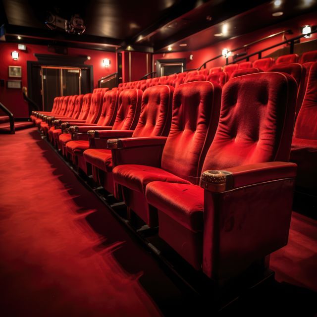 Luxurious red seats in an empty cinema theater create an inviting atmosphere for moviegoers. Use this image to promote movie theaters, entertainment events, luxury seating, or architectural designs for auditoriums.