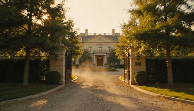Grand neoclassical mansion bathing in golden-hour sunlight with open wrought-iron gates