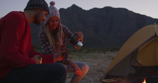 Couple Enjoying Evening Coffee by Campsite in Mountains - Download Free Stock Images Pikwizard.com