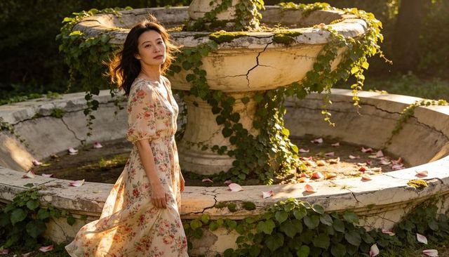Woman in vintage floral dress standing by ivy-covered cracked fountain at golden hour