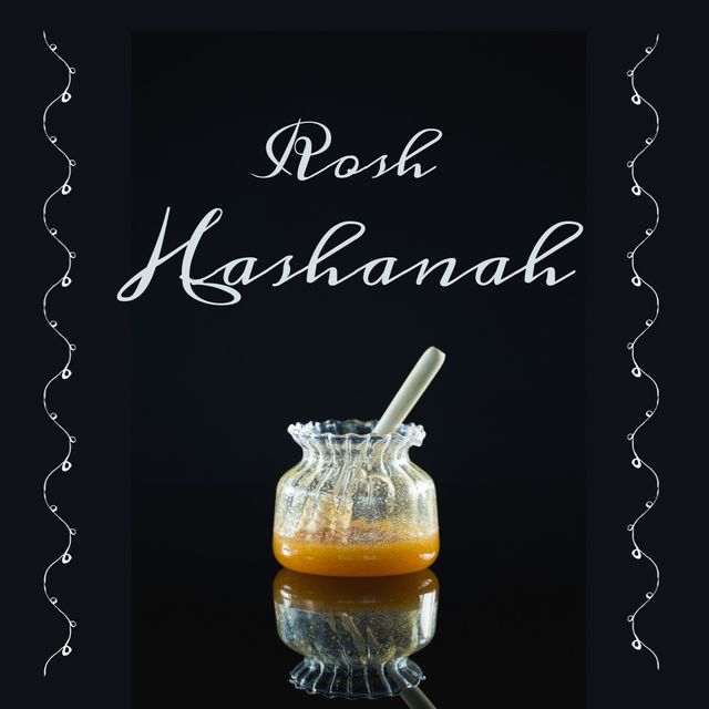 Digital composite image of rosh hashanah text with honey on black babckground, copy space. Jewish new year, celebration, judaism, tradition, holiday, new year, culture.