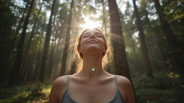 Young woman soaking up sunbeams in conifer forest, backlit serenity and mindful breathing