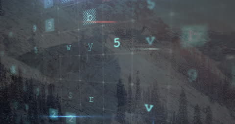 Digital Cybersecurity Overlay on Mountainous Landscape
