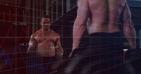 Muscular athlete flexing with heavy dumbbells in gym mirror with analytics overlay