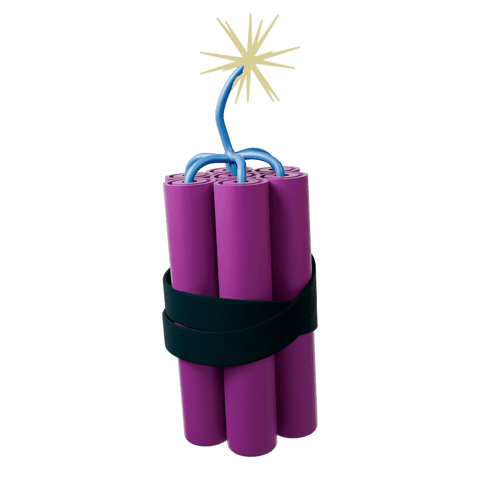 Transparent 3d purple dynamite bundle with lit fuse and spark, explosive illustration