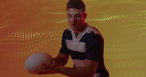 Rugby Athlete Holding Ball Against Futuristic Backdrop