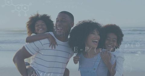 Laughing family enjoying beach day with parents giving piggyback rides and STEM overlay