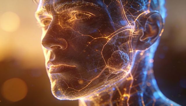 Glowing cybernetic male head revealing translucent neural circuitry and holographic circuits