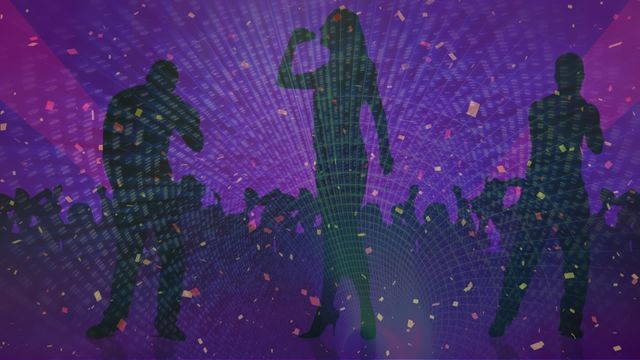 Crowd of silhouettes dancing and singing with golden confetti falling against a vibrant purple background. Perfect for illustrating nightlife, music events, club parties, music festivals, dance events, or celebration themes. Ideal for posters, event flyers, club promotions, and entertainment marketing materials.