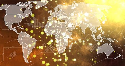 Global network map with glowing data nodes, hex mesh clusters and warm bokeh overlay