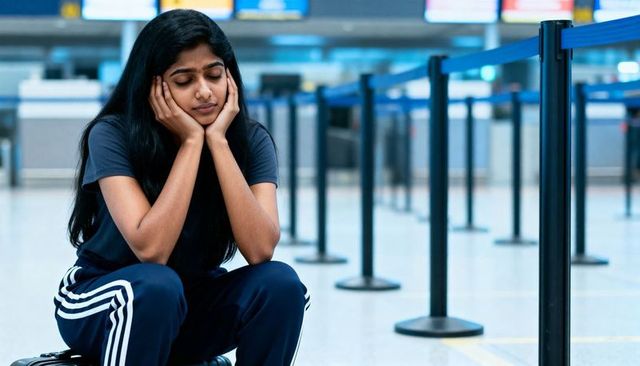 Tired traveler sitting on luggage waiting at empty airport terminal after flight delay
