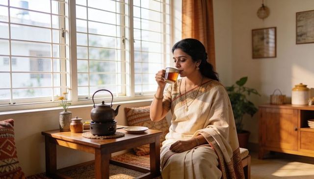 Sunlit woman sipping tea in cream silk sari by window in cozy living room