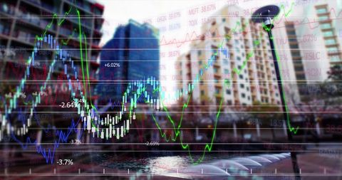 Financial Data Overlays Modern Cityscape Highlighting Market Trends