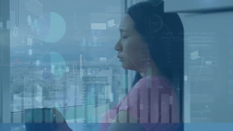 Thoughtful Businesswoman Analyzing Data by Window with Coffee