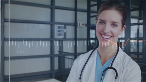 Smiling Caucasian Female Doctor with Digital Analysis Graphics
